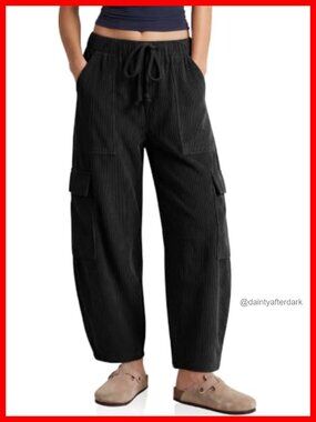 Women's Corduroy Cargo Pants Loose Baggy Wide Leg Barrel Trousers